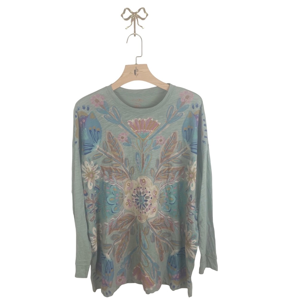 Natural Life Sage Green Floral Graphic Long Sleeve Slub Cotton Tee One Size